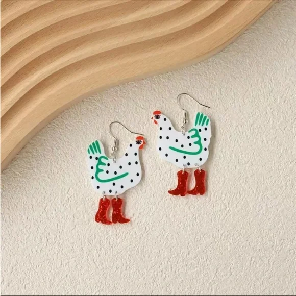 5/$25 🐓 Funny Cute Chicken Cowboy Boots Acrylic Earrings - Picture 2 of 4